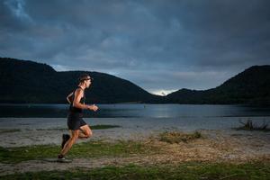 New Zealand runner Kerry Suter (Vibram/Barefoot Inc NZ) at Lake Tikitapu, 2013 Vibram Tarawera Ultramarathon